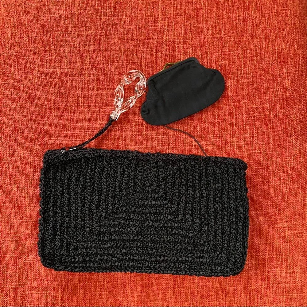 VTG 40’s Black Crochet Clutch Bag Coin Purse Lucite Clear Zipper Pull Charm